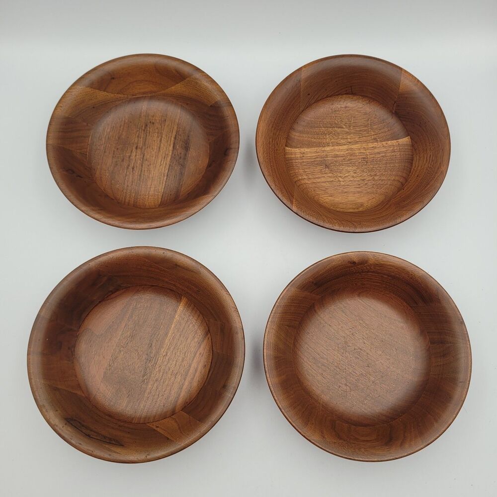 VTG Kustom Kraft USA Solid Black Walnut Wood Salad Bowls Set of 4 MCM 60s-70s